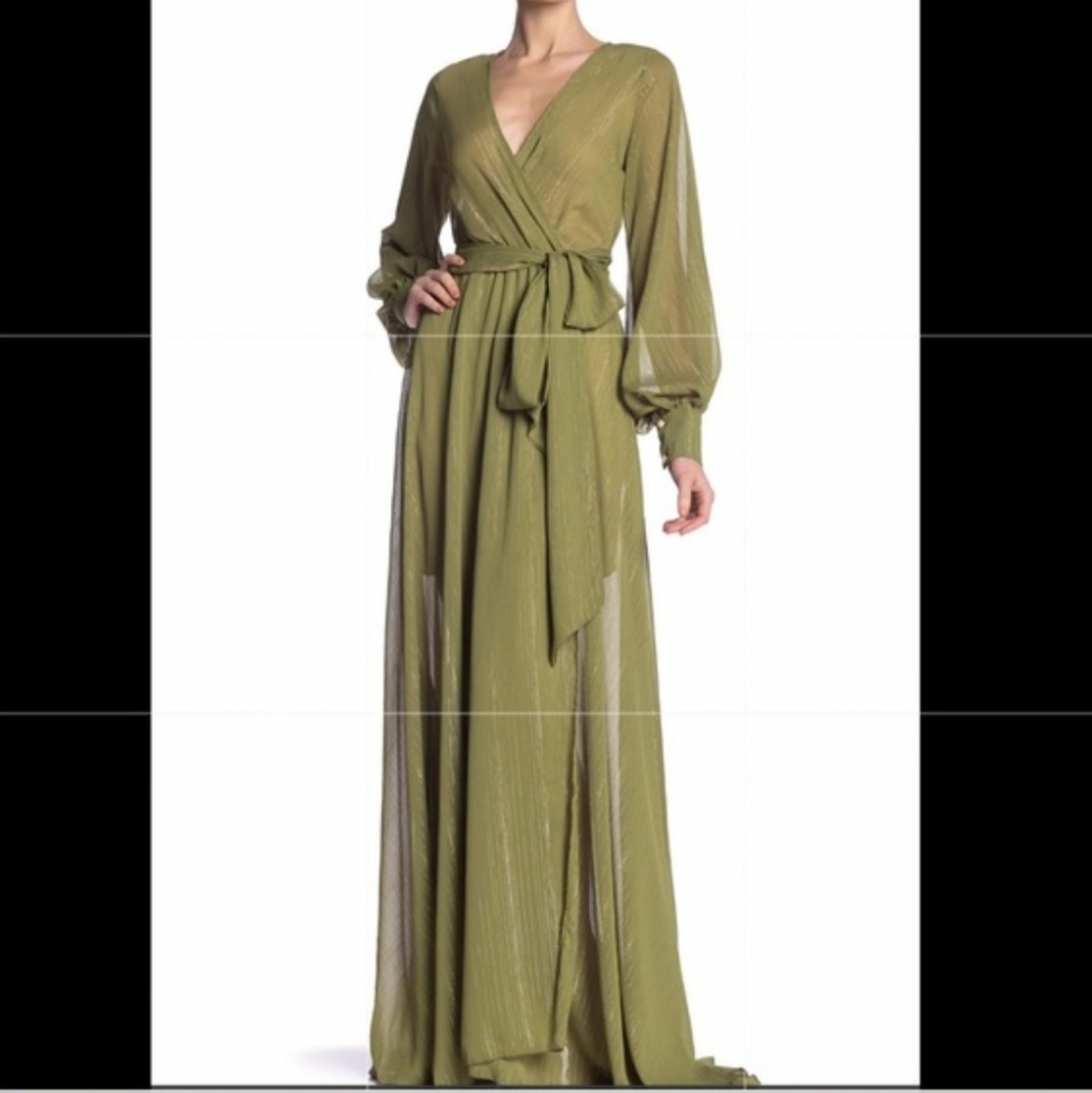 Meghan LA Olive Metallic Wrap Maxi Dress